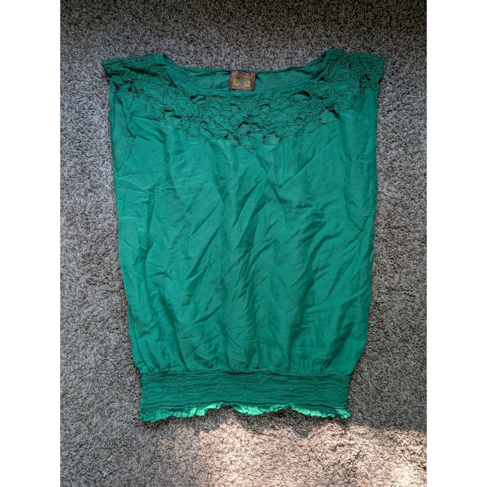 Forever Blouse Women M Kelly Green Y2K Boho Smocked Top Fairycore Floral